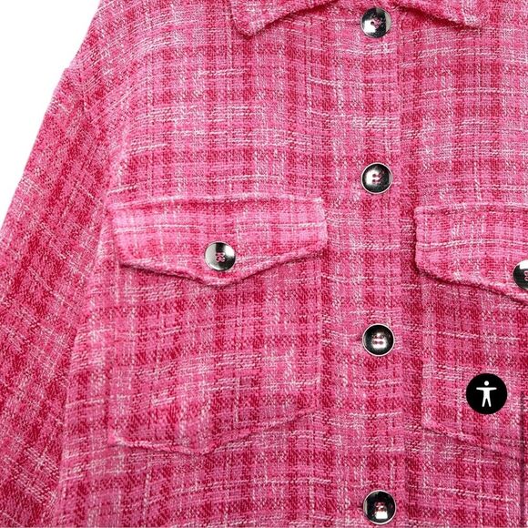 Zara Women’s S Oversized Shirt Jacket Pink Bouclee Plaid Tweed Fringe Hem Barbie - Picture 8 of 10